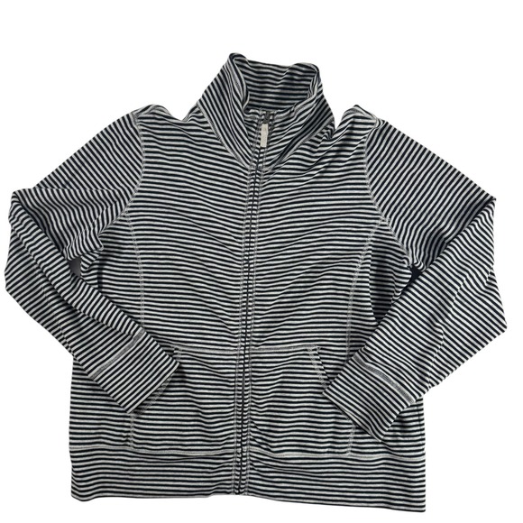 L.L.Bean Striped Full Zip Jacket Mock Neck Lightweight Black Gray‎  L Petite - Picture 1 of 4